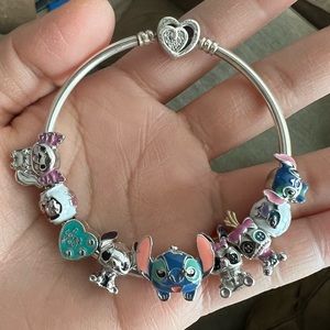 Retired Pandora Entwined Infinite Hearts Bangle Bracelet w/ Lilo & Stitch Charms